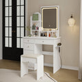 WOODTIME Vanity Set with LED Lighted Mirror, Power Outlet, Vanity Dressing Table with 5 Drawers & Shelves, Makeup Desk with Cushioned Stool for Bedroom, White