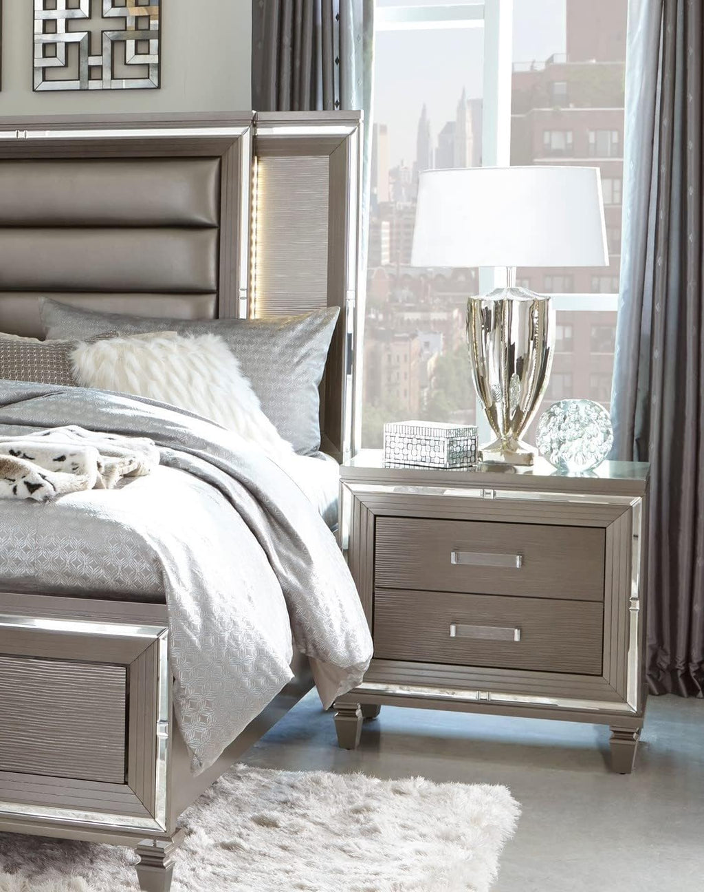 Silver Gray Metallic Finish 5pc Bedroom Furniture Set Tufted California King Size Platform Bed LED Light Upholstered Headboard