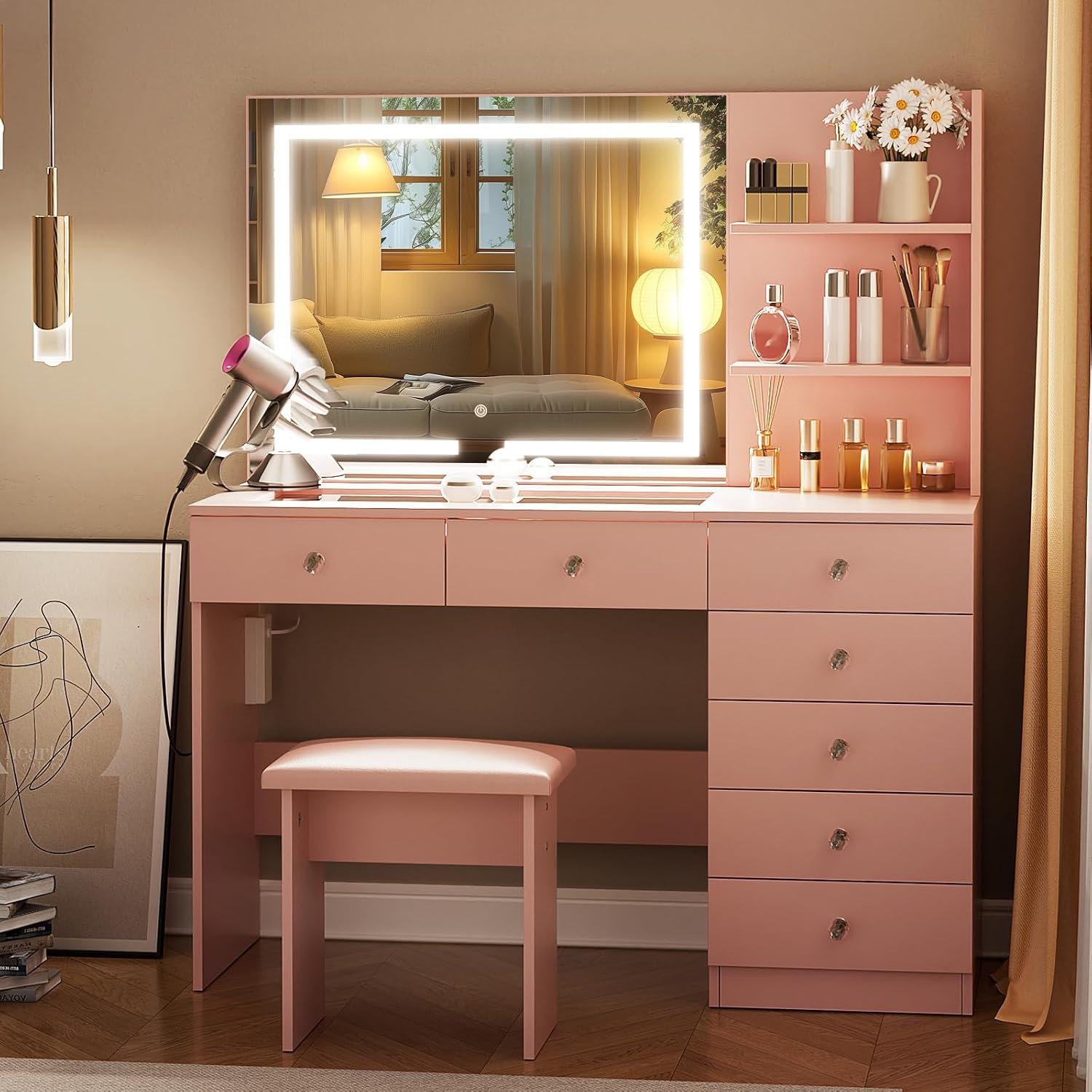 VOWNER Vanity with Mirror and Lights - 47' Glass Top Makeup Vanity Desk with 7 Drawers, 3 Storage Shelves and Outlet, 3 Color Lighting Modes Adjustable Brightness, Makeup Table for Bedroom (Pink)