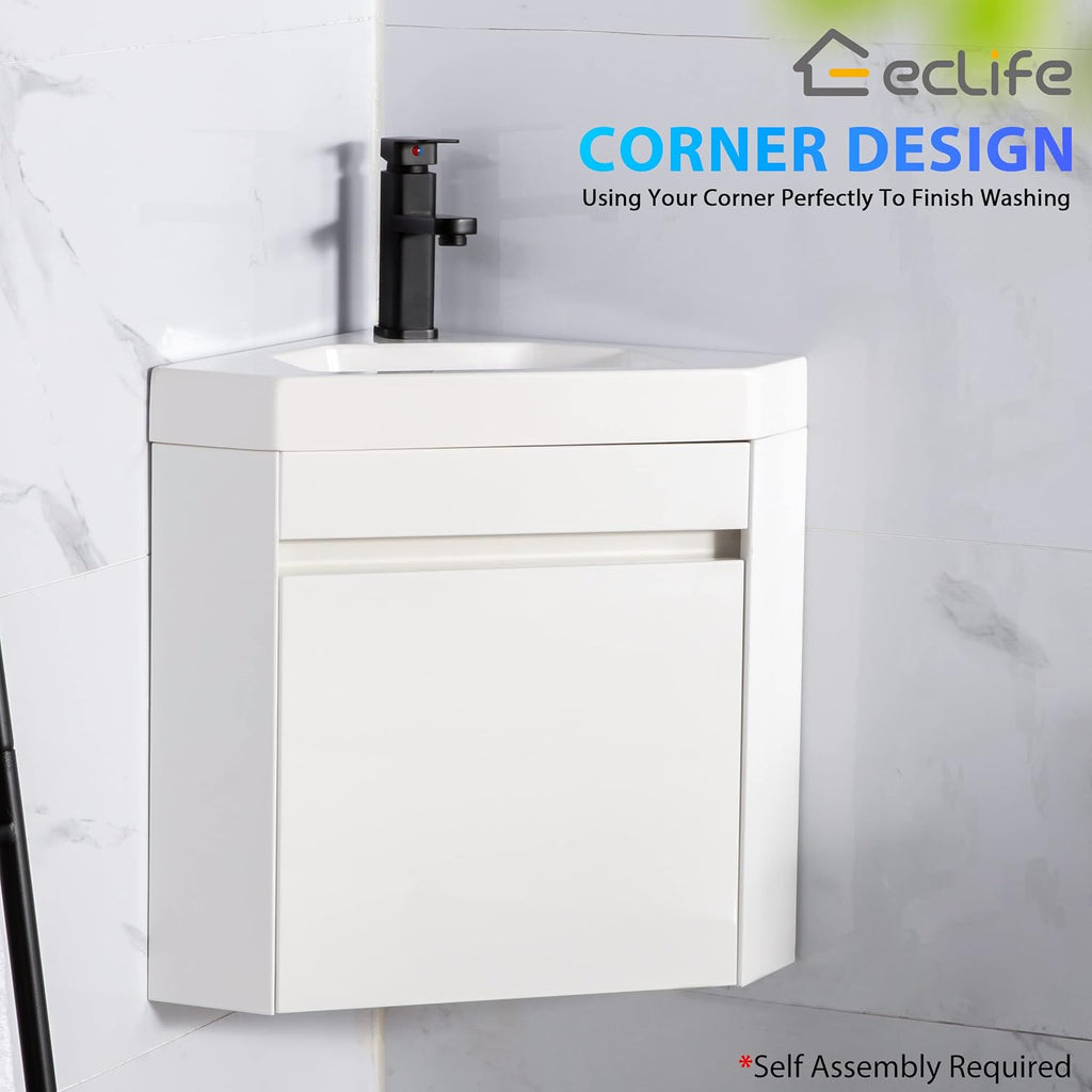 eclife 22' Corner Bathroom Vanity Sink Combo for Small Space Wall Mounted Floating Cabinet with White Resin Sink and Matte Black Faucet, White