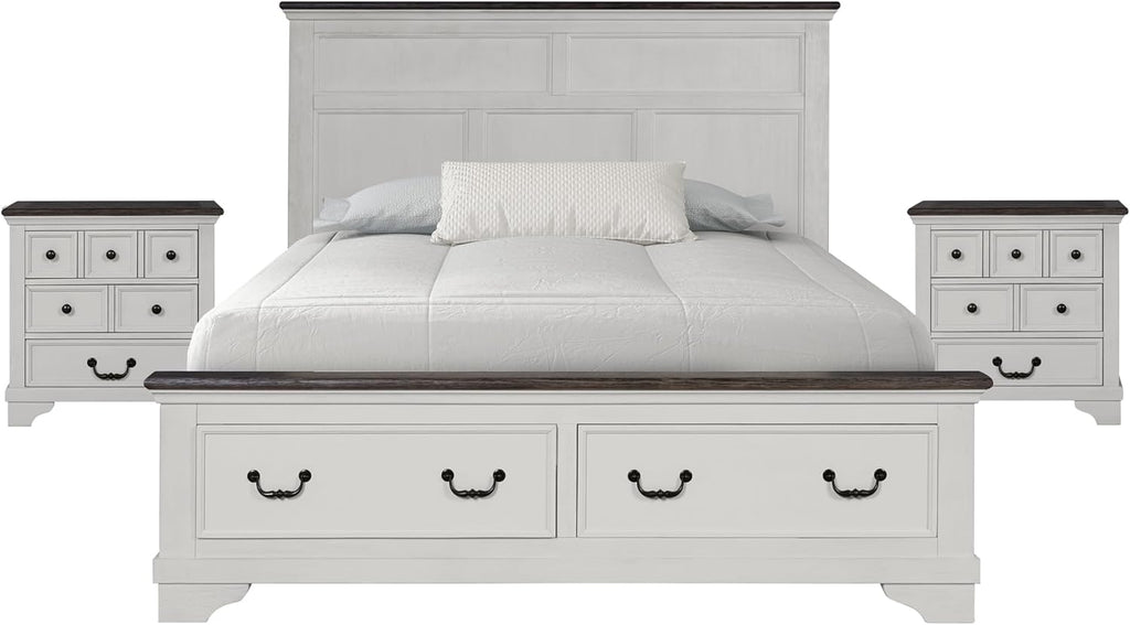 Furniture of America Roden Modern Solid Wood 3-Piece Bedroom Set with Storage Footboard, USB Chargers on Nightstand, Drop Handle Pulls, No Box Spring Needed, King, White