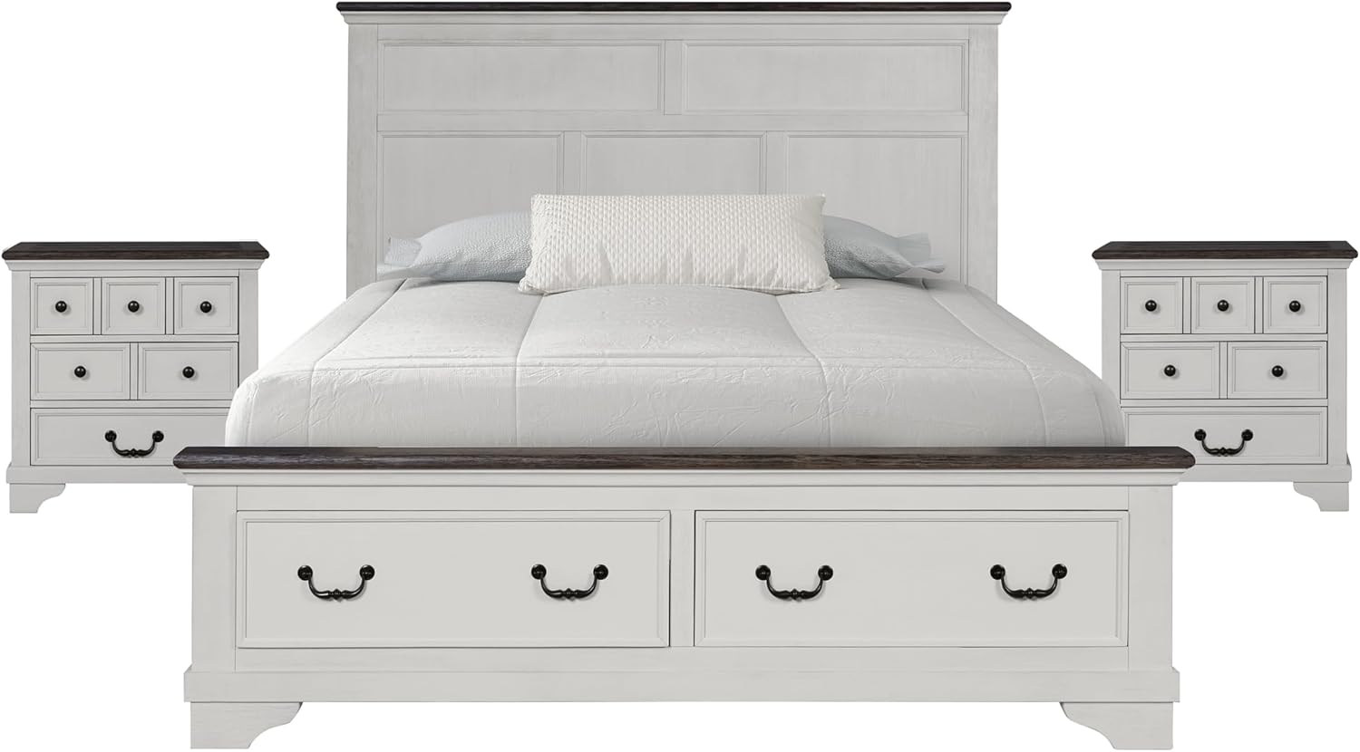 Furniture of America Roden Modern Solid Wood 3-Piece Bedroom Set with Storage Footboard, USB Chargers on Nightstand, Drop Handle Pulls, No Box Spring Needed, King, White