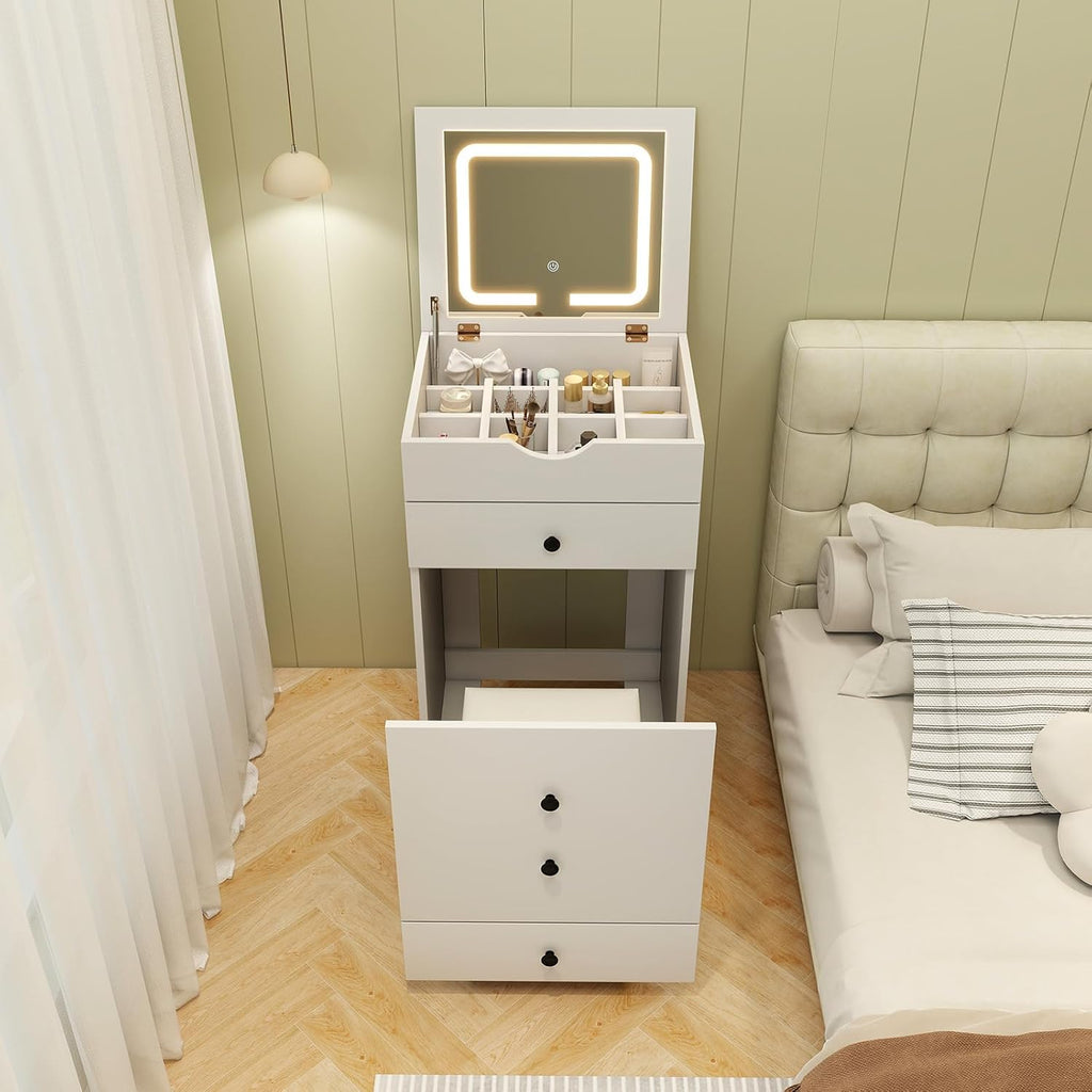 CHARMAID Small Vanity Desk Set, Makeup Vanity Table with Flip-up Lighted Mirror, Storage Bench, 2 Drawers, 8 Wheels, White Girls Dressing Table Nightstand for Small Space Bedroom