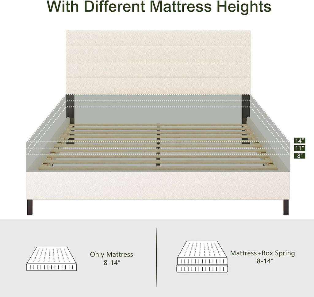 Furnihome Queen Bed Frame, Modern Sherpa Upholstered Bed Frame with Adjustable Headboard, Wooden Slats Support Platform Queen Size Bed Frames, No Box Spring Needed,Easy Assembly,Cream