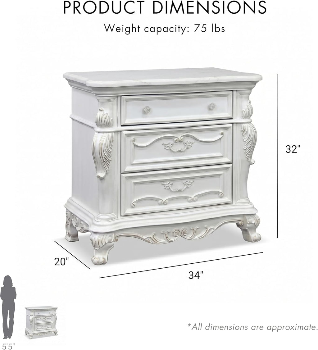 Furniture of America Althira Traditional Solid Wood 3-Piece Bedroom Collection with Bed Frame and 3-Drawer Nightstands Set of 2, Box Spring Required, White, Queen