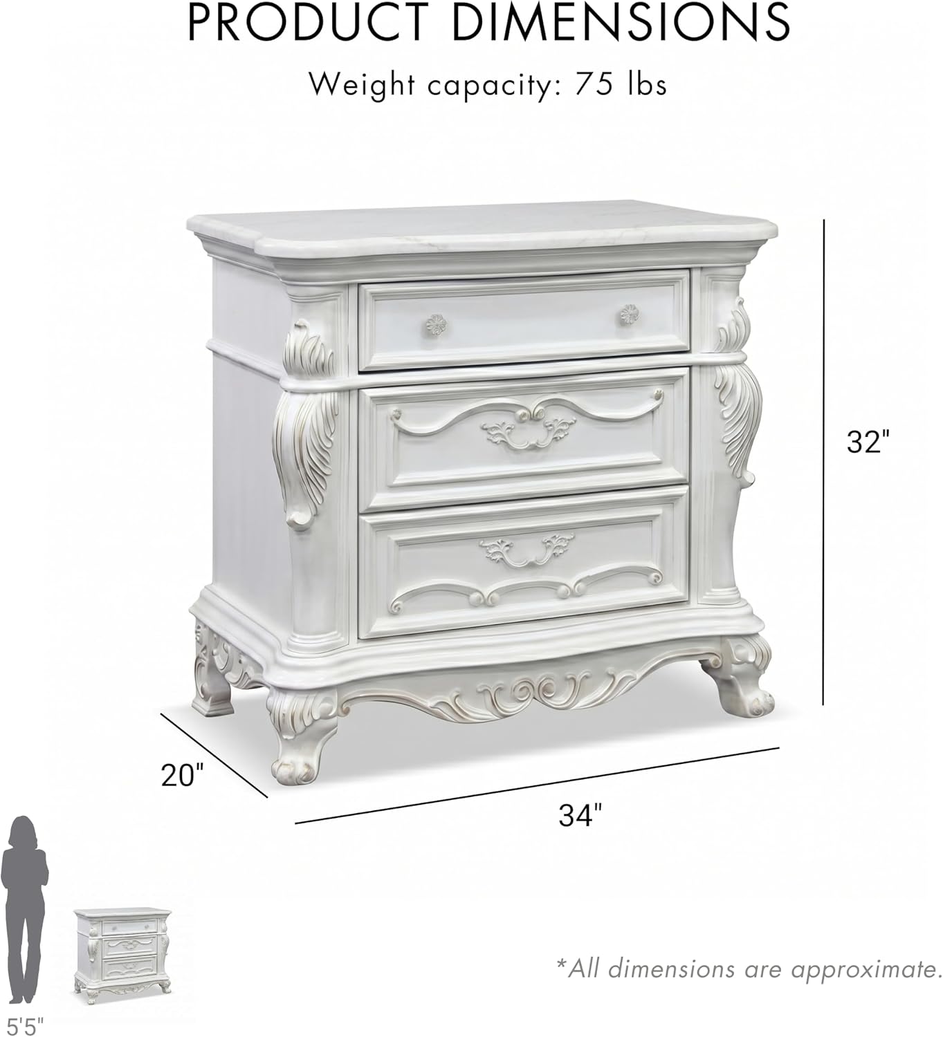 Furniture of America Althira Traditional Solid Wood 3-Piece Bedroom Collection with Bed Frame and 3-Drawer Nightstands Set of 2, Box Spring Required, White, Queen
