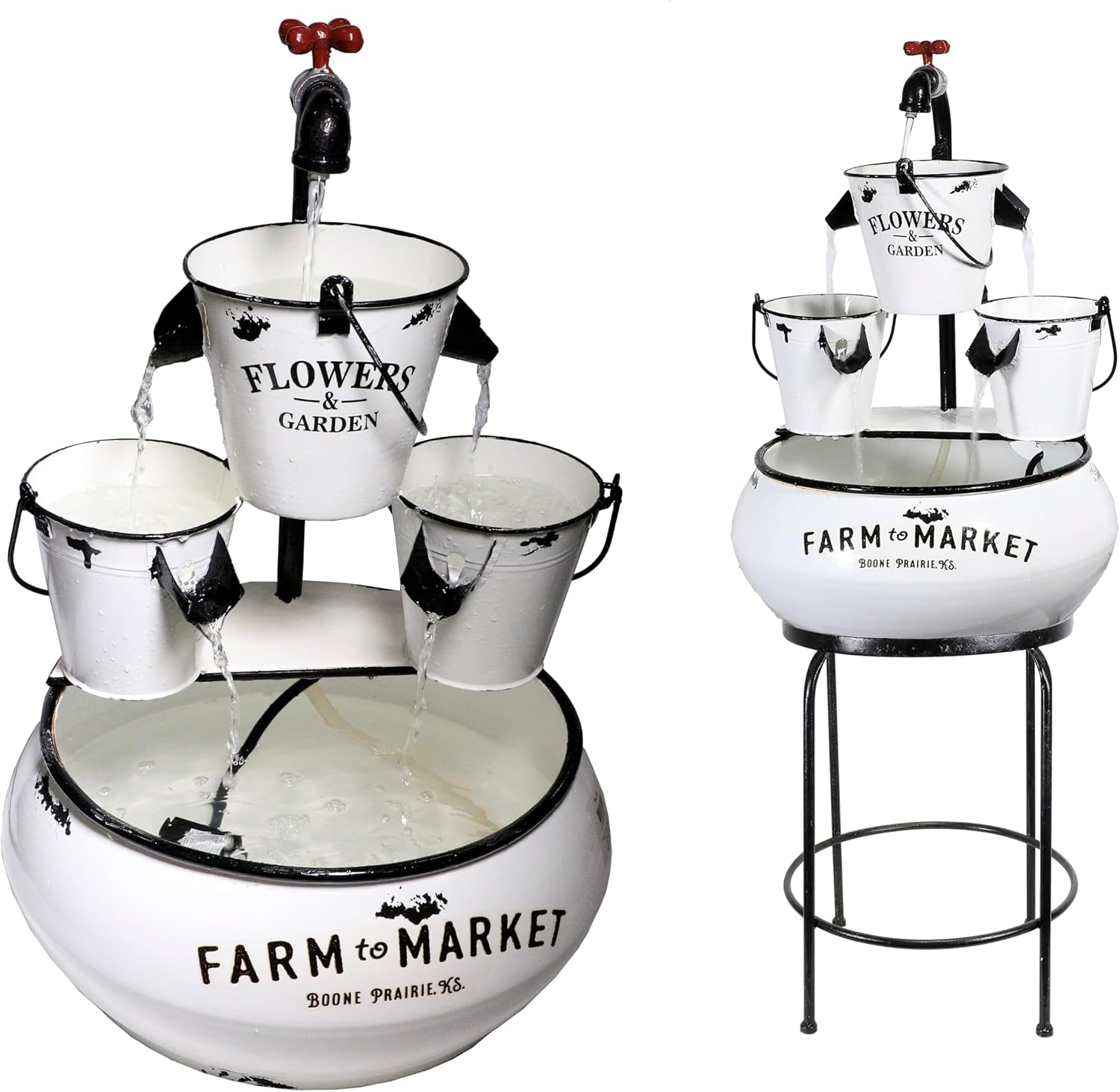 Alpine Corporation YHL424 36' Outdoor Floor Buckets with Faucet Water Fountain – Vintage Buckets Garden Water Feature, Charming Outdoor Fountain for Patio & Yard, White