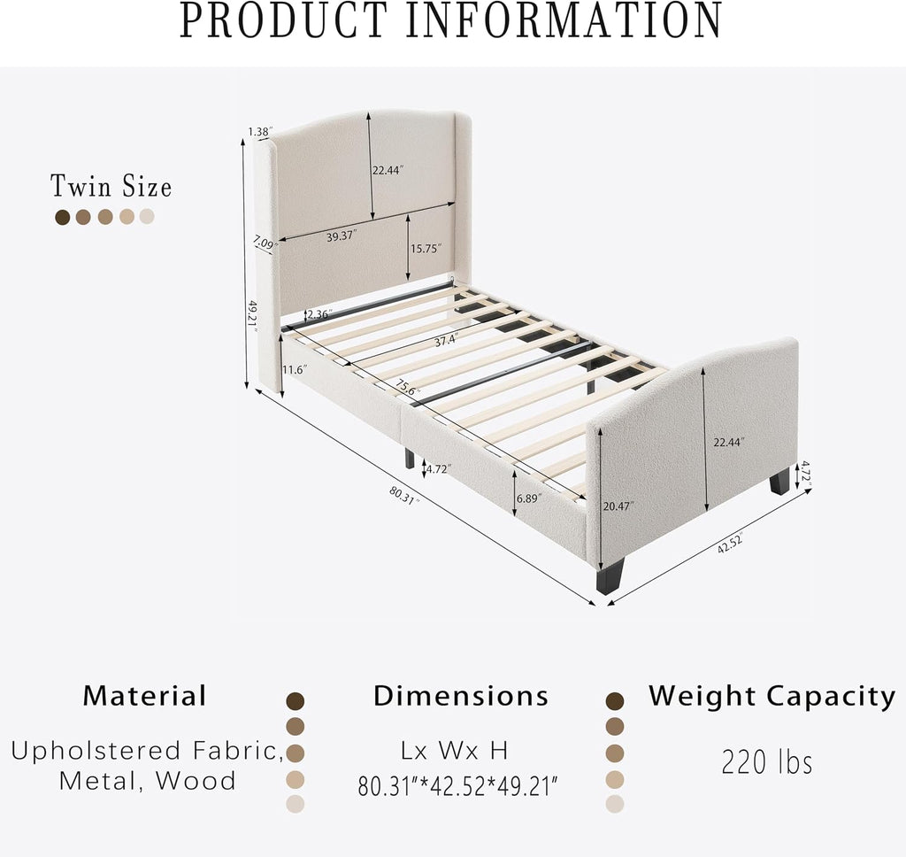 KEIKI Twin Size Velvet Upholstered Platform Bed, Metal Bed Frame w/Tall Wingback Headboard, Modern Solid Bedframe Twin-Size for Bedroom, Wood Slat Support, No Box Spring Needed, Easy Assembly, Ivory