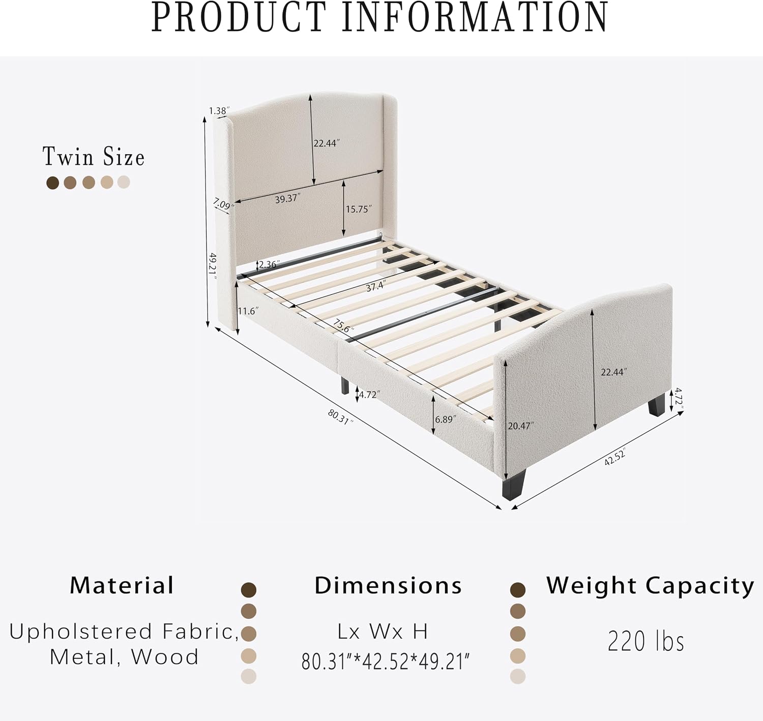 KEIKI Twin Size Velvet Upholstered Platform Bed, Metal Bed Frame w/Tall Wingback Headboard, Modern Solid Bedframe Twin-Size for Bedroom, Wood Slat Support, No Box Spring Needed, Easy Assembly, Ivory
