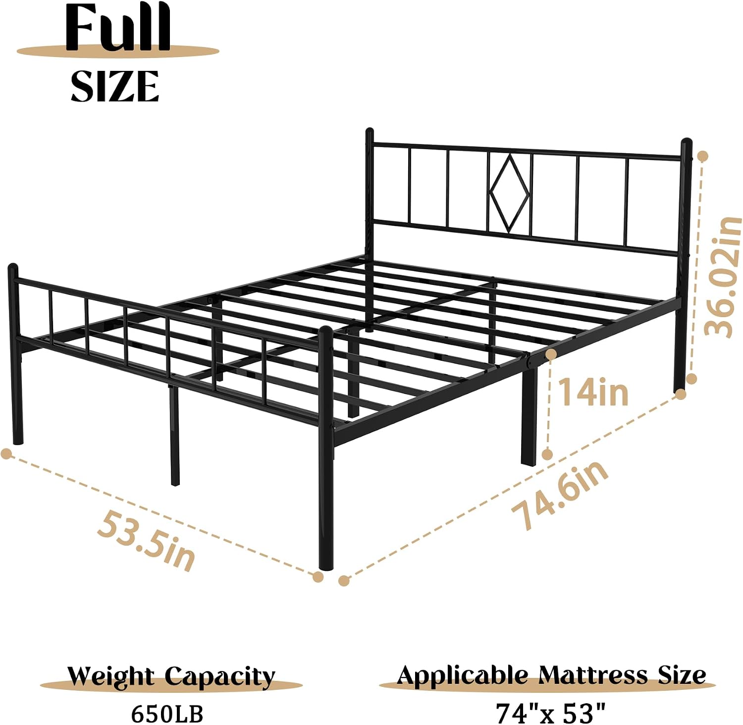 Full Size Bed Frame 14 inch Metal Platform Mattress Foundation with Headboard Footboard, Heavy Duty Full Bed Frame, No Box Spring Needed, Under Bed Storage Easy Assembly
