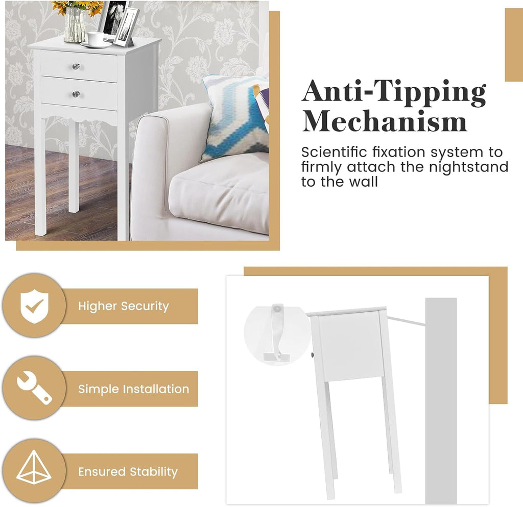Giantex 2 Pcs End Table w/ 2 Drawers Side Table Nightstand Multi-Purpose Accent Table Living Room Bedroom Home Furniture (2, White)