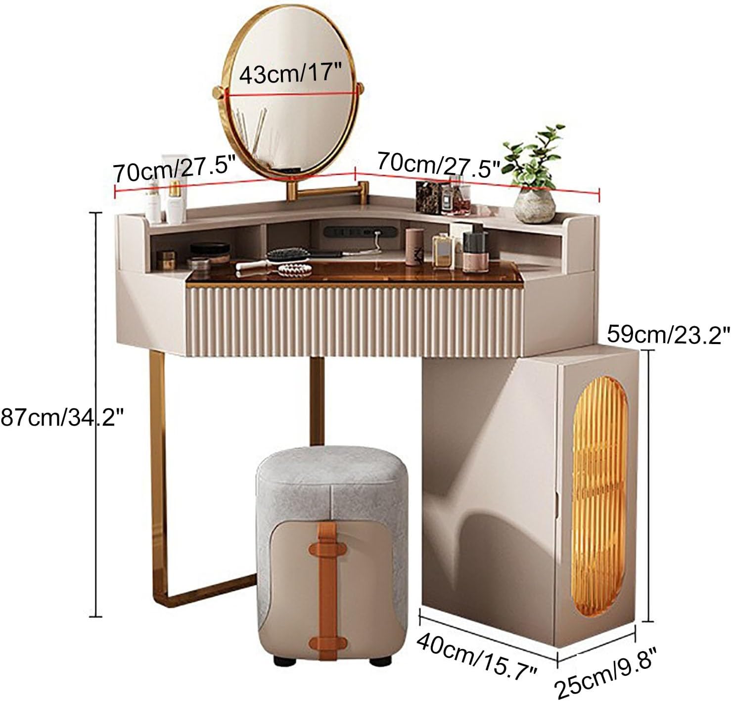 Corner Vanity Desk with Lighted Mirror, Makeup Dressing Table with Drawers, Cabinet and Cushioned Stool, Girls Vanity Desk for Dressing Room, Bedroom
