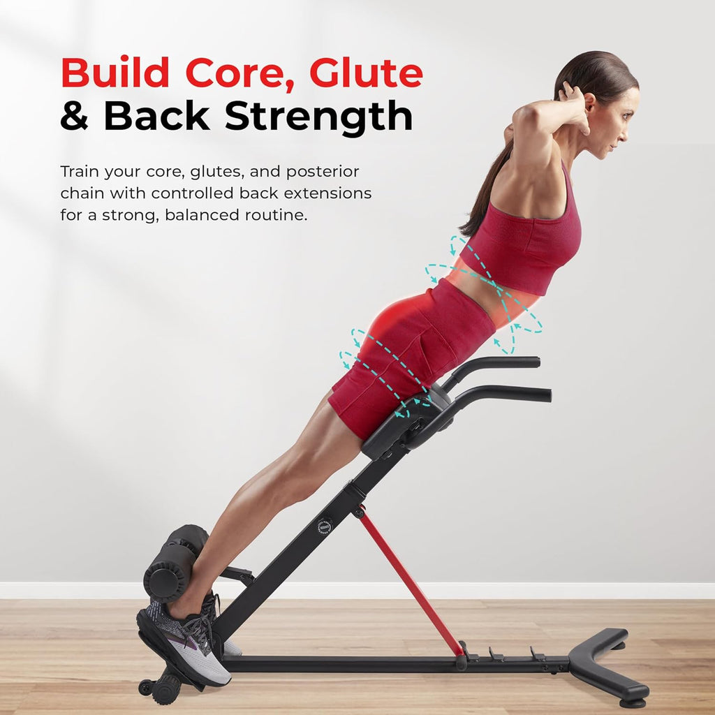 Sunny Health & Fitness Multi-Function Roman Chair with Dip Station & Sit-Up Bench, Adjustable Heavy-Duty Strength Training Equipment for Glutes, Core & Lower Body Workouts, Hyperextension Machine for Home Gym