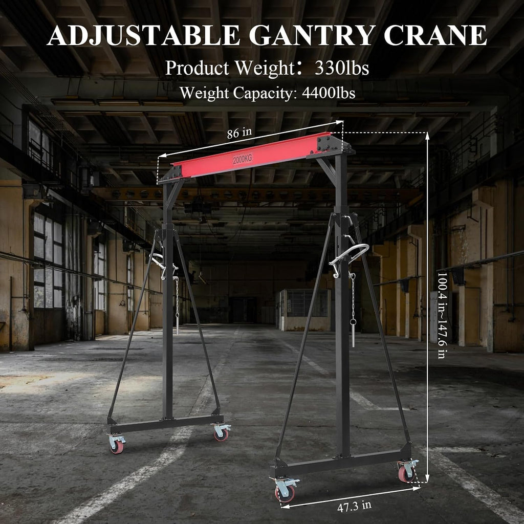 4400LBS Adjustable Gantry Crane Portable Shop Hoist with 360° Locking Wheels Height Adjustable from 96.5 to 143.7 Inches for Workshop Garage Factory Heavy Duty Lifting Equipment