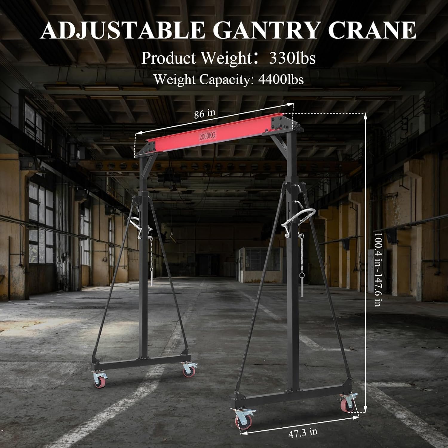 4400LBS Adjustable Gantry Crane Portable Shop Hoist with 360° Locking Wheels Height Adjustable from 96.5 to 143.7 Inches for Workshop Garage Factory Heavy Duty Lifting Equipment
