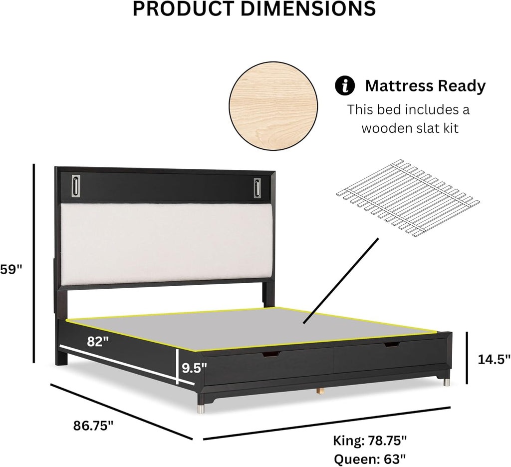 Furniture of America Forma Modern Solid Wood 2-Piece Bedroom Set with Storage Bed with LED Reading Lights, Ball-Bearing Glide, USB Charging Ports on Nightstands, No Box Spring Needed, King, Black