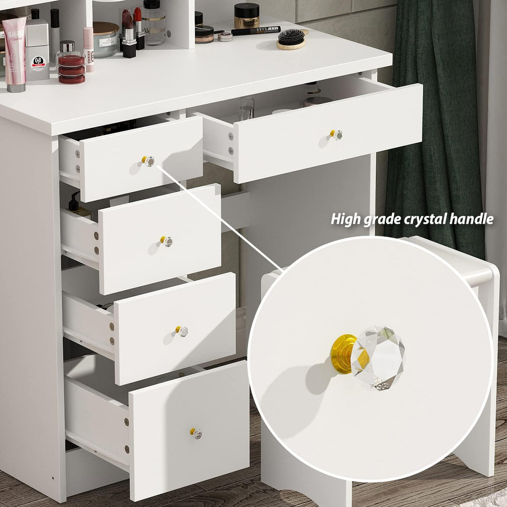 ECACAD Vanity Desk, Vanity Table Set with LED Lighted Mirror, Makeup Vanity Dressing Table with Drawers, Storage Shelves, Crystal Handles and Cushioned Stool, White