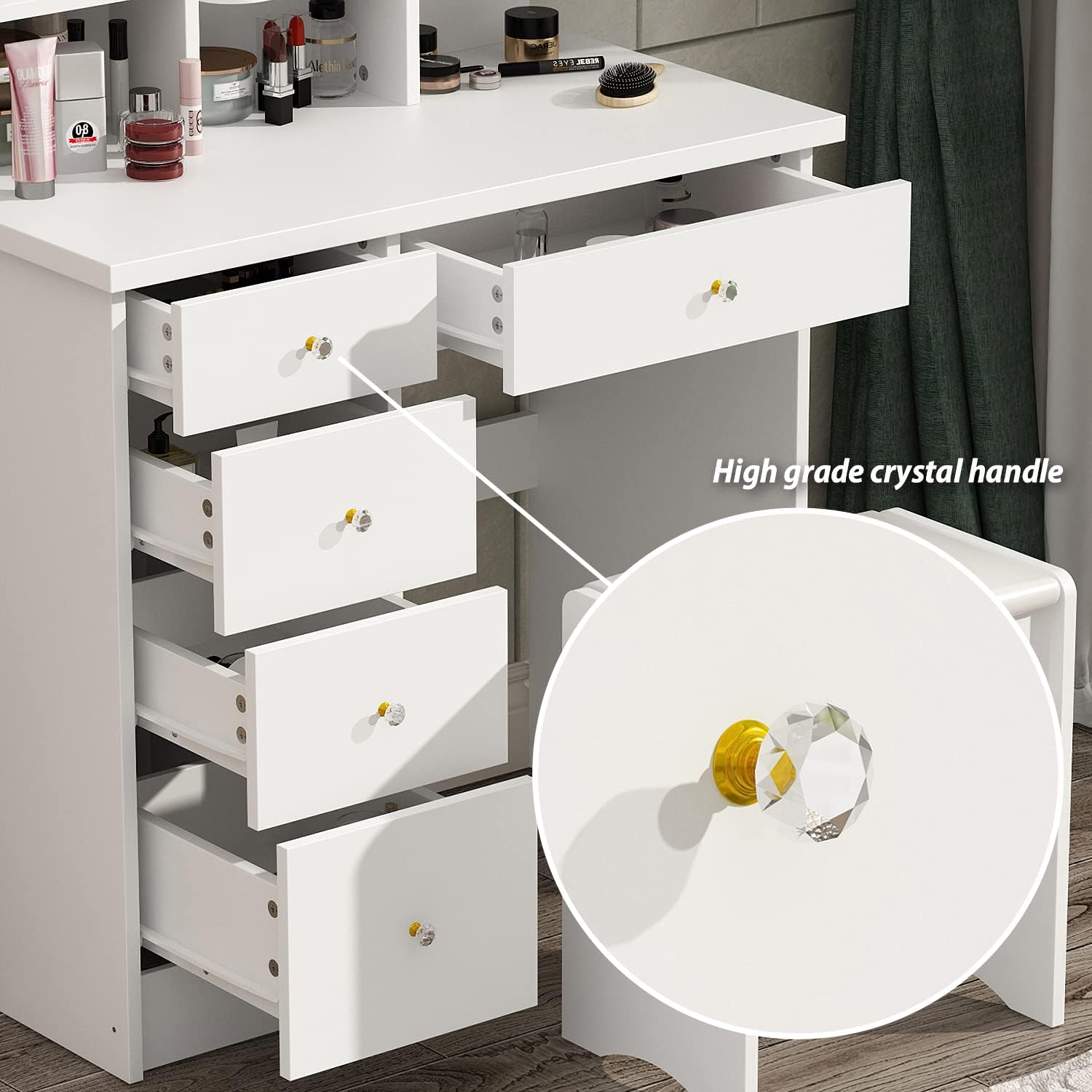 ECACAD Vanity Desk, Vanity Table Set with LED Lighted Mirror, Makeup Vanity Dressing Table with Drawers, Storage Shelves, Crystal Handles and Cushioned Stool, White