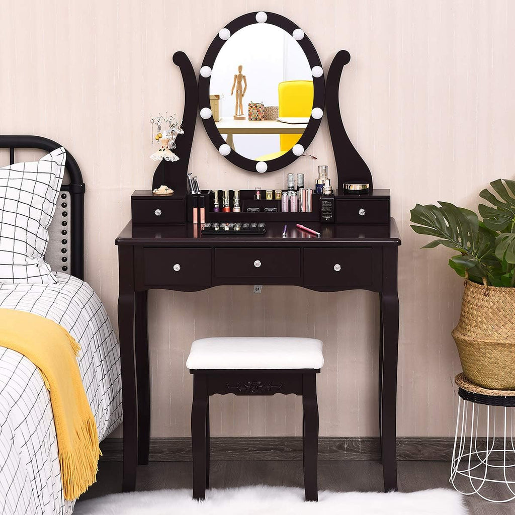 CHARMAID Makeup Vanity Table with Lighted Mirror, Vanity Desk with 10 LED Lights, Adjustable Brightness, 5 Drawers and Removable Storage Organizer, Bedroom Dressing Table with Stool (Espresso)