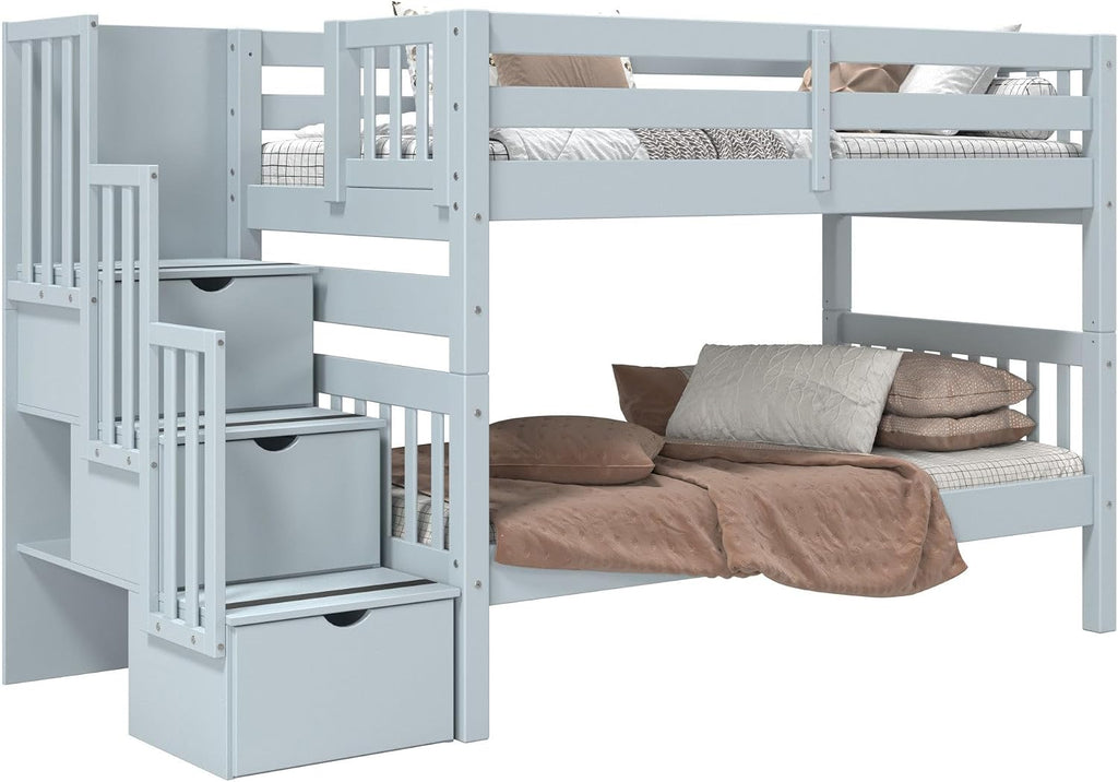 Bedz King Stairway Bunk Beds Twin Over Twin, 3 Step Drawers, Breezy Blue