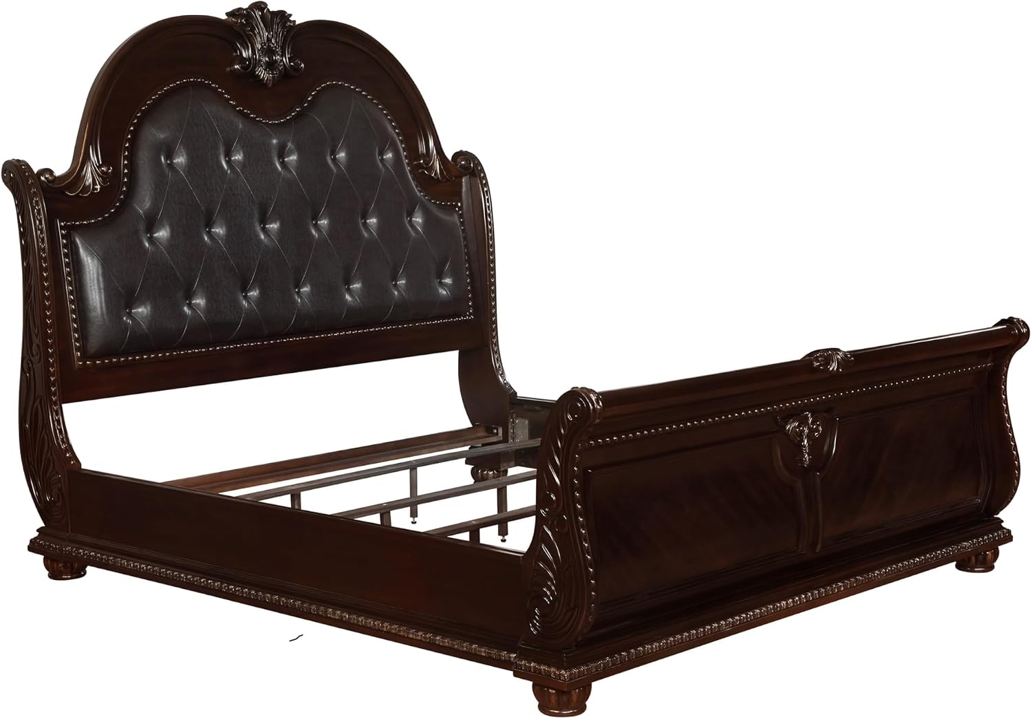 MASARA 3-Piece Cherry Wood Bedroom Set-King Bed with Faux Leather upholstered headboard + 2 Nightstands