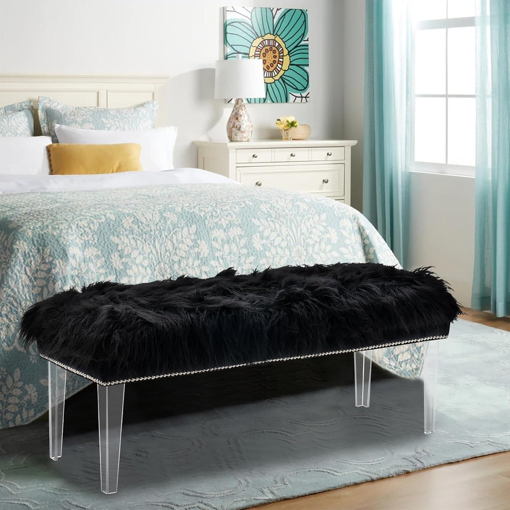 46 Inch Black Bedroom Bench, Benches for Bedroom White Faux Fur Upholstered Bed end Bench, Tufting Bench Indoor Bench with Acrylic Legs for Living Room Bedroom Dining Room Entryway