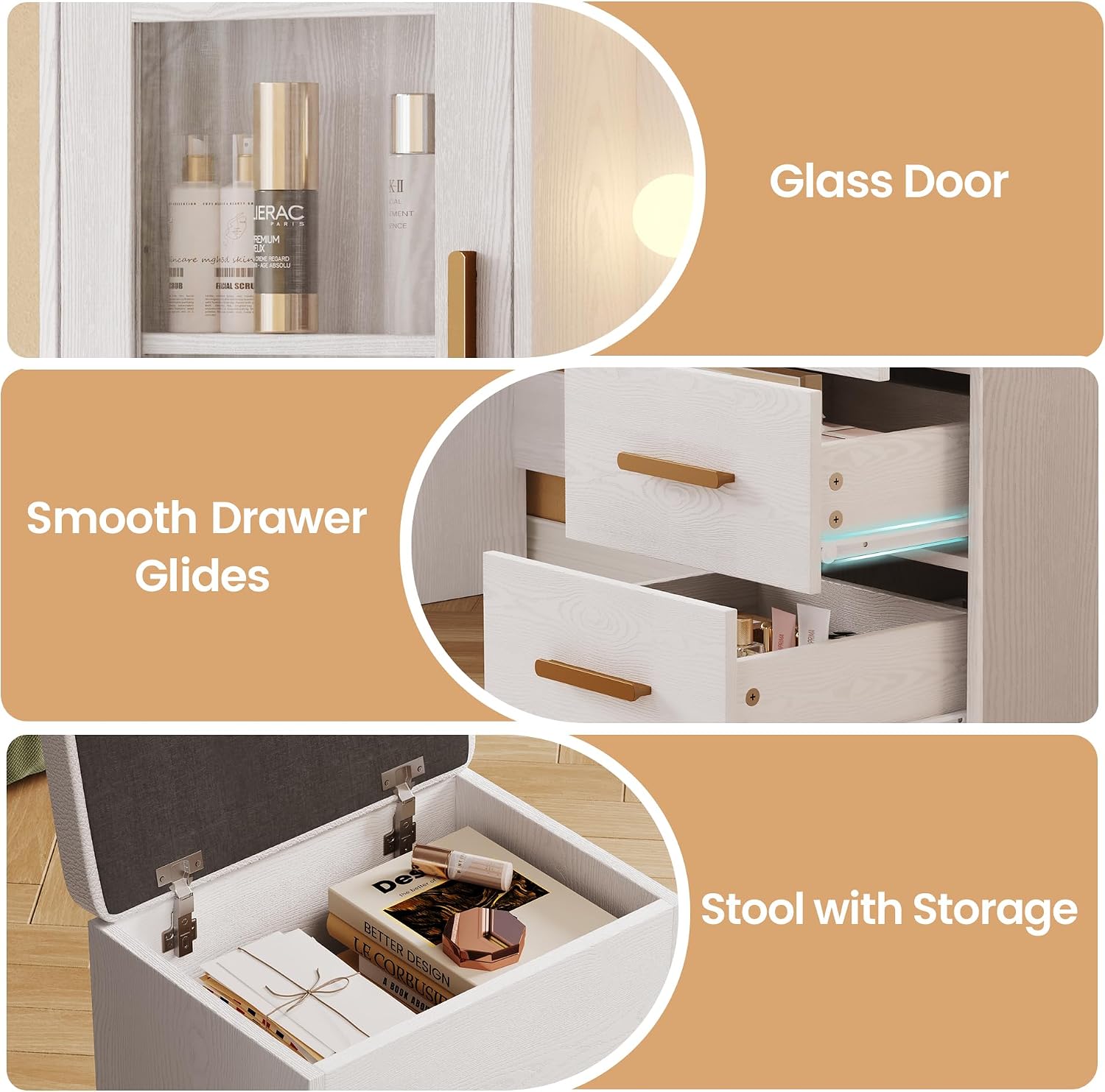58.4' Large Makeup Vanity with Mirror, Vanity Set with Stool Lights 8 Drawers 2 Glass-Door Cabinets Power Outlet Phone Groove Vanity with Chair Makeup Vanity Desk for Bedroom Dressing Room, White