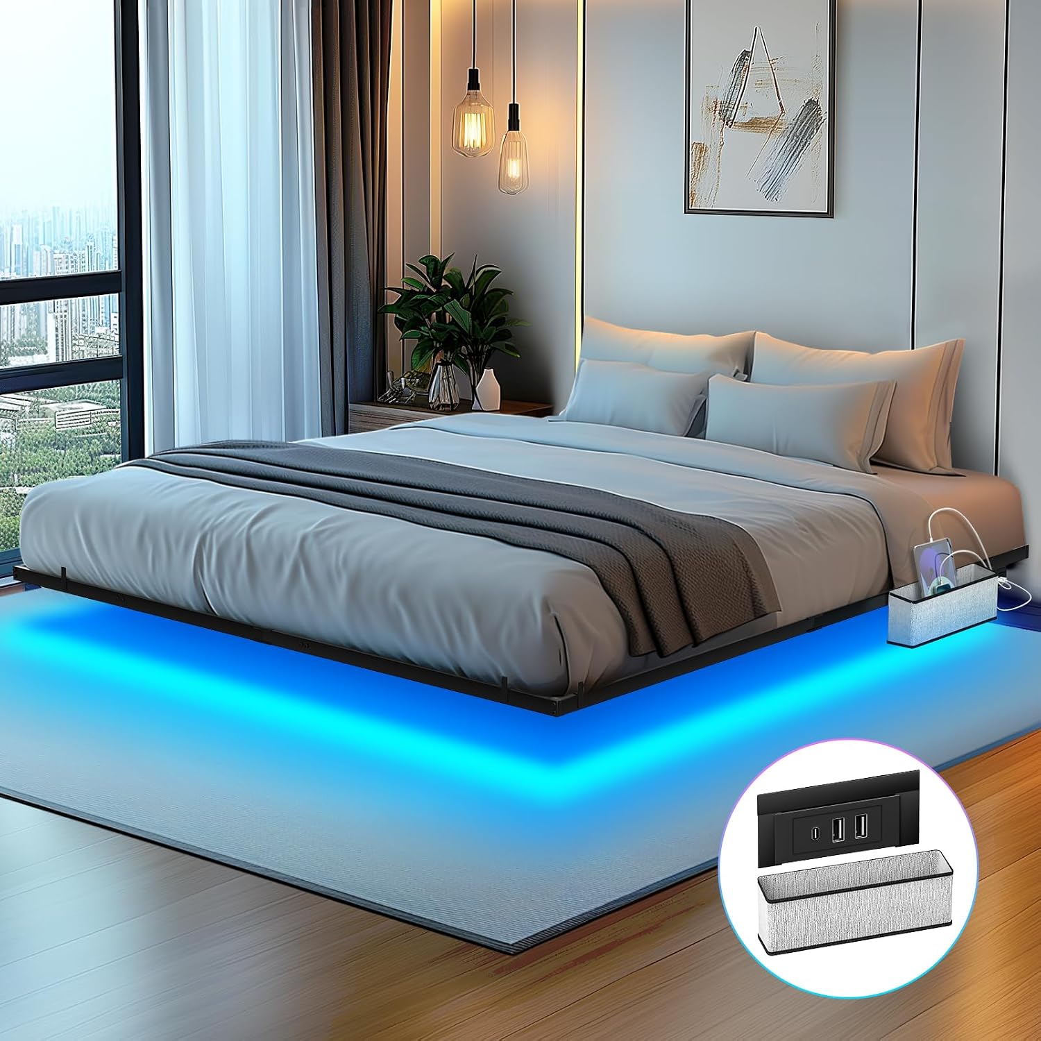 Tatub King Floating Bed Frame with Bedside Caddy, LED Floating Metal Platform Bed Frame with Charing Station & 4 Mattress Slide Stopper, No Box Spring Needed, Easy to Assemble
