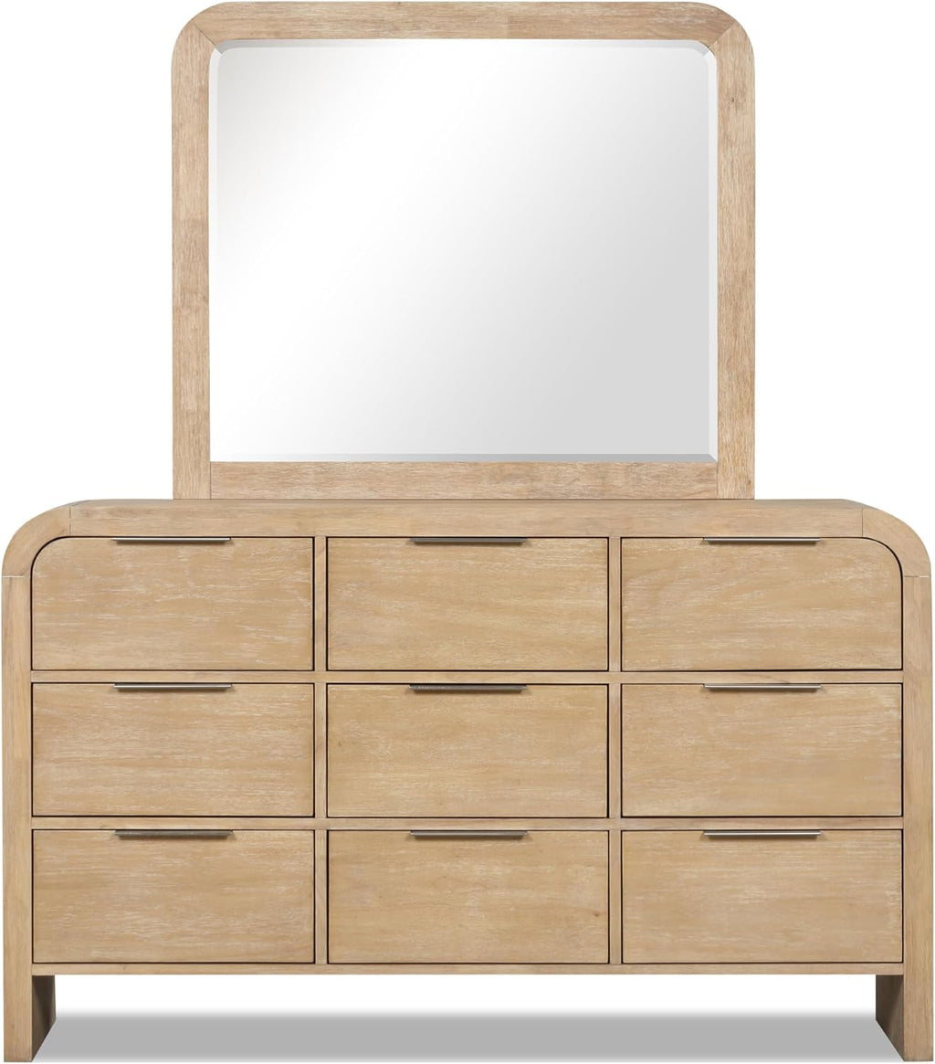 Furniture of America Verena Boho Solid Wood 4-Piece Bedroom Set with Padded Headboard Bed, Metal Side Glide, Finger Pulls on Nightstand and Dresser with Mirror, Box Spring Needed, King, Natural