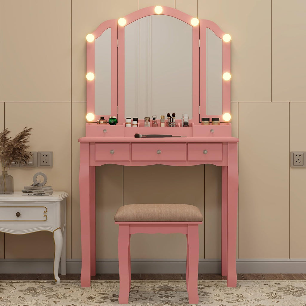 Pink Vanity Desk With Mirror And Lights For Girls Makeup Vanity Desk With Chair Vanity Table And Stool Set With 5 Storage Drawers 3 Colors Lighting Modes Tri Fold Vanity Mirror Lighted Vanity