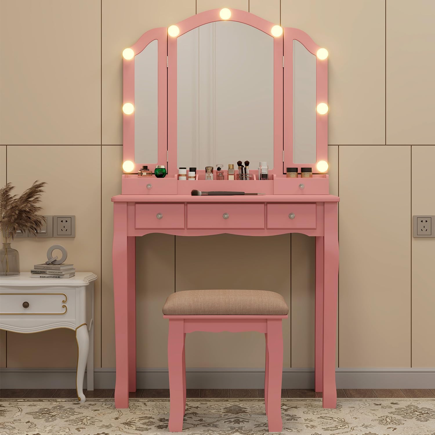 Pink Vanity Desk With Mirror And Lights For Girls Makeup Vanity Desk With Chair Vanity Table And Stool Set With 5 Storage Drawers 3 Colors Lighting Modes Tri Fold Vanity Mirror Lighted Vanity