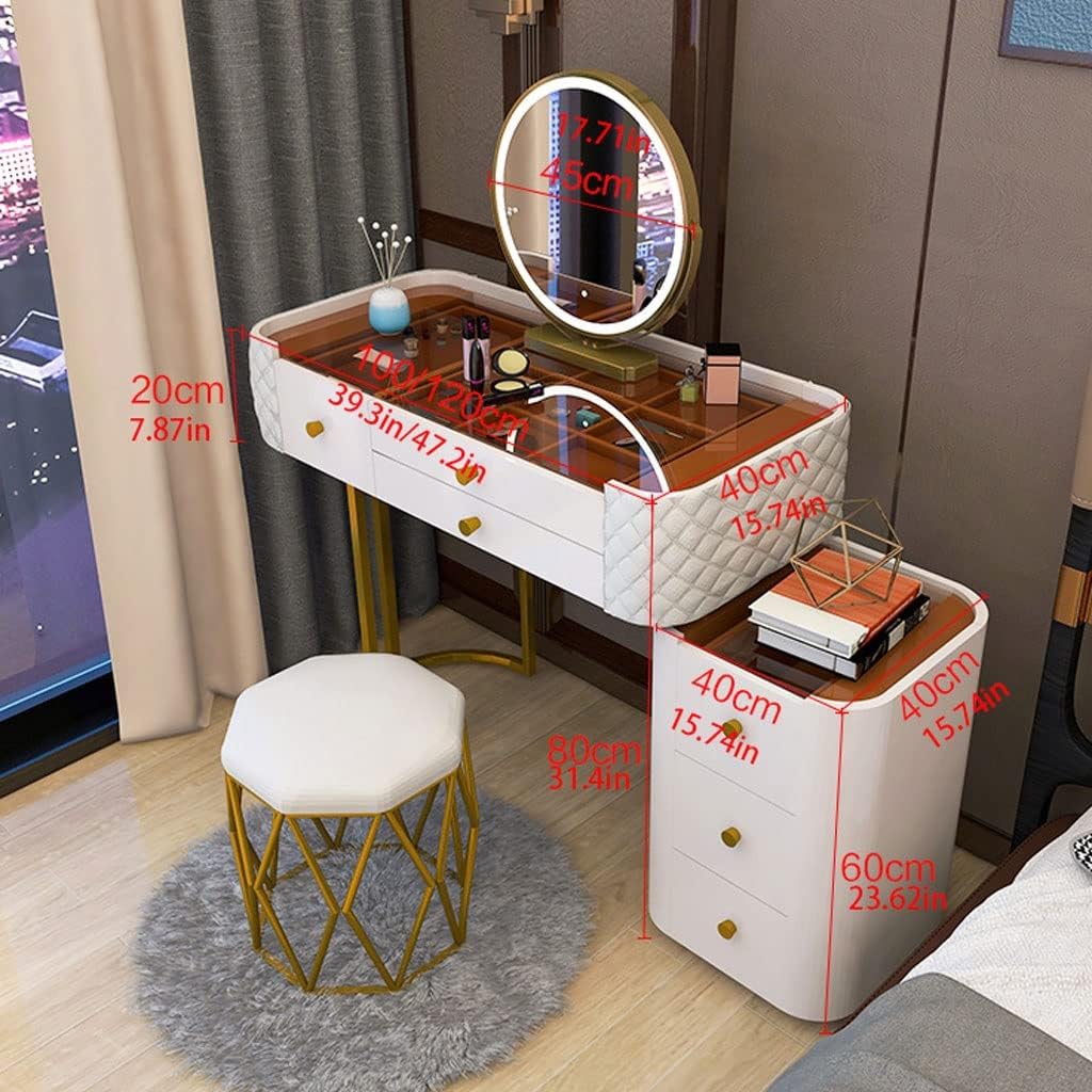 Vanity Benches Dresser Modern Bedroom Glass Vanity Table Small Apartment Storage Cabinet with Storage Cabinet, Stool, Mirror (Color : A)