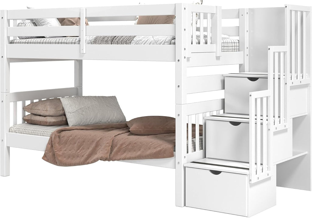 Bedz King Stairway Bunk Beds Twin Over Twin, 3 Step Drawers, White