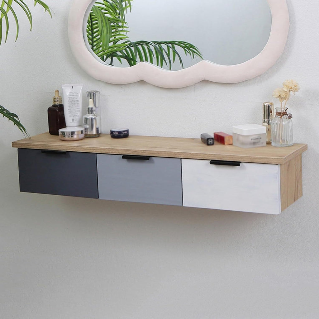 80cm Floating Vanity Makeup Table with 3 Drawers, Wall-Mounted Wood Makeup Desk, Modern Corner Space-Saving Desk or Nightstand, for Bedroom(C)