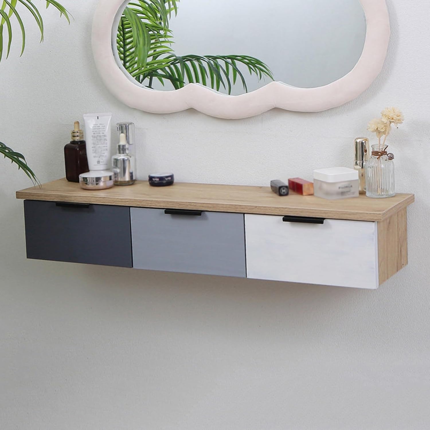 80cm Floating Vanity Makeup Table with 3 Drawers, Wall-Mounted Wood Makeup Desk, Modern Corner Space-Saving Desk or Nightstand, for Bedroom(C)