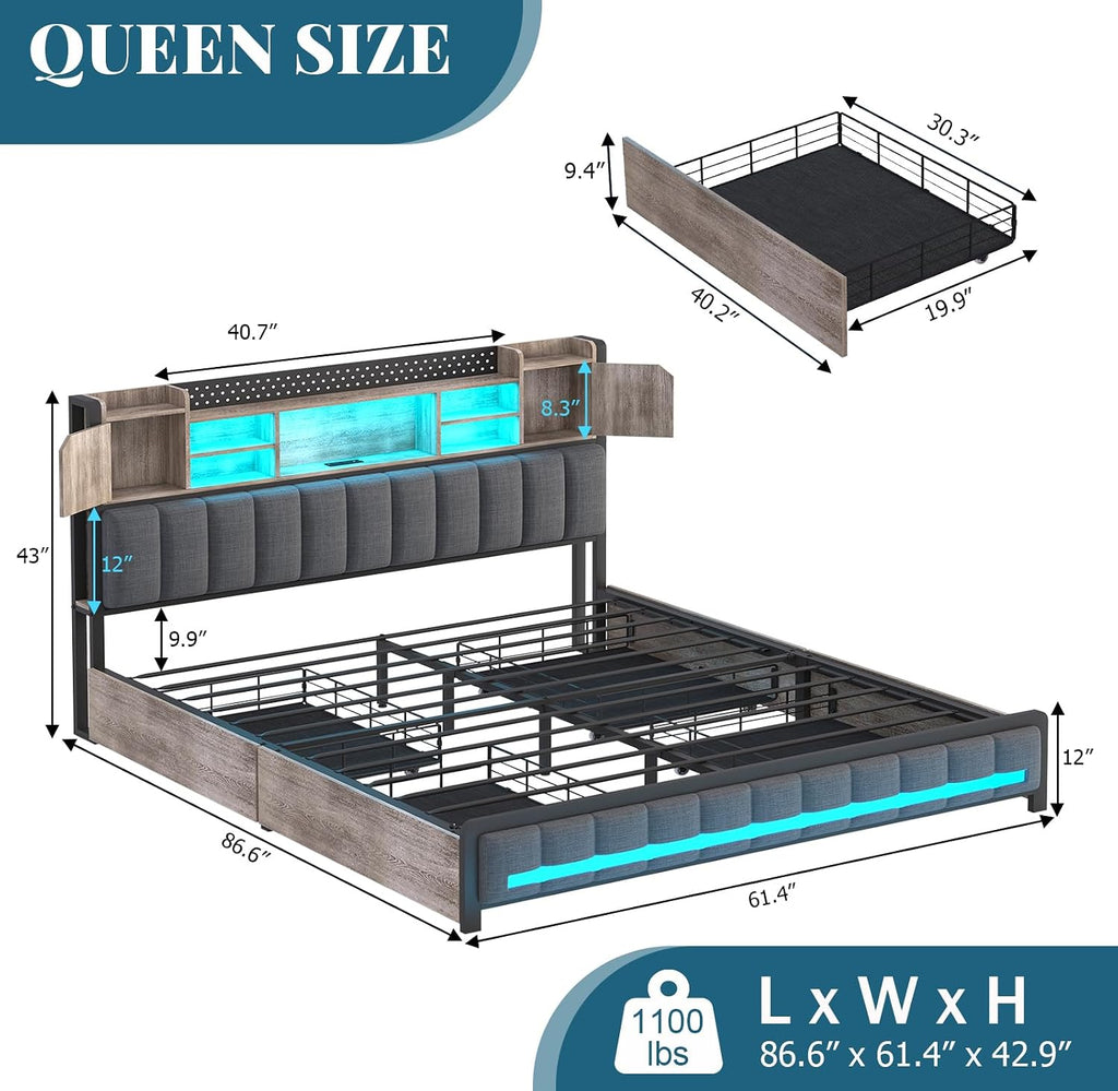 CSZZD Queen Bed Frame with 4 Storage Drawers and Bookcase Headboard, Upholstered Bed Queen Size with USB Charging Station & LED Lights, Metal Platform Bed with Storage, No Box Spring Needed, Oak Gray