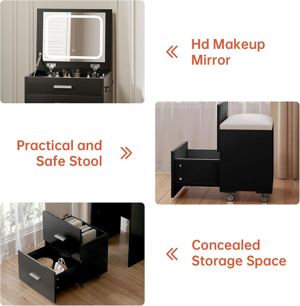Compact Vanity with 3 Drawers, 3 in 1 Vanity Desk, Makeup Desk with Flip-up 3 Colors Lighting Mirror and Cushioned Stool, Small Vanities Nightstand Perfect for Bedroom, Black