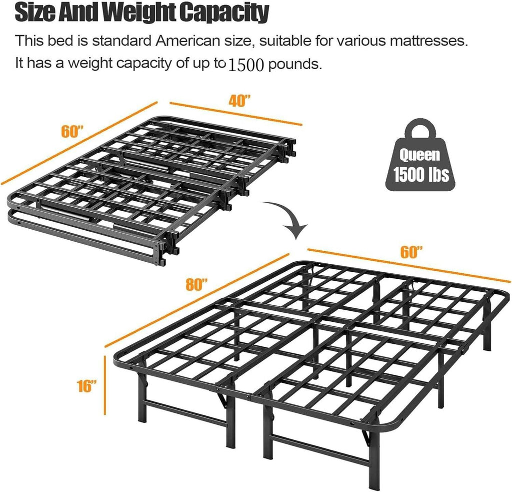 ZIYOO Heavy Duty Folding Bed Frame Queen Size, 16' High Sturdy Steel Slats Support for Mattress, Metal Platform Bed Frame Queen Size, No Box Spring Needed, Quick Assembly, Noise Free, Black