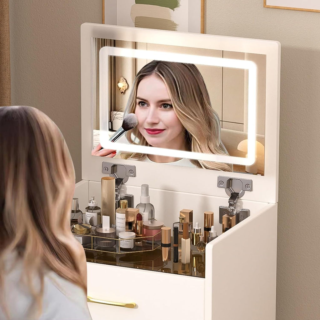 KEIKI 3 in 1 Make Up Vanity Desk with Open Top Mirror, Nesting Stool, Visible Glass Desktop & 3 Storage Drawers, 3 Lighting Color, Makeup Dresser Table or Nightstand for Bedroom, Dressing Room