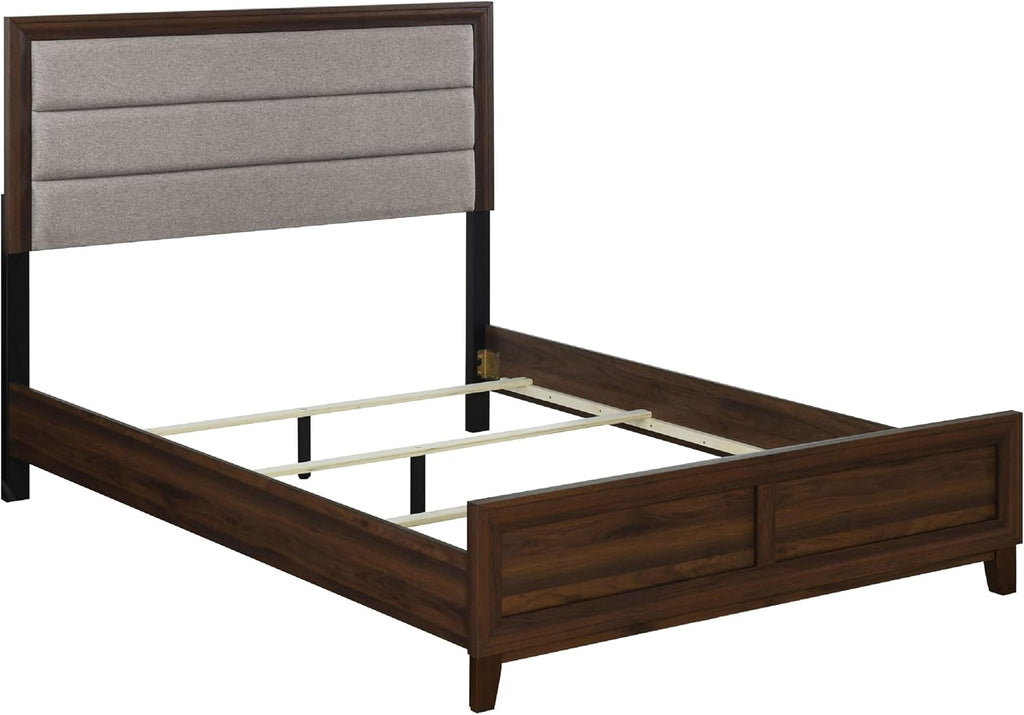 Benzara Yels 4 Piece King Bedroom Set, Gray Upholstery, Walnut Brown Wood
