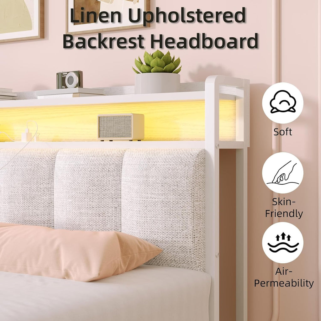 IMMERSTABLE Queen Bed Frames with LED Lights and Charging Station, Metal Platform Queen Size Bed Frame with Upholstered Storage Headboard, Heavy Duty Metal Slat Support, Easy Assembly, White