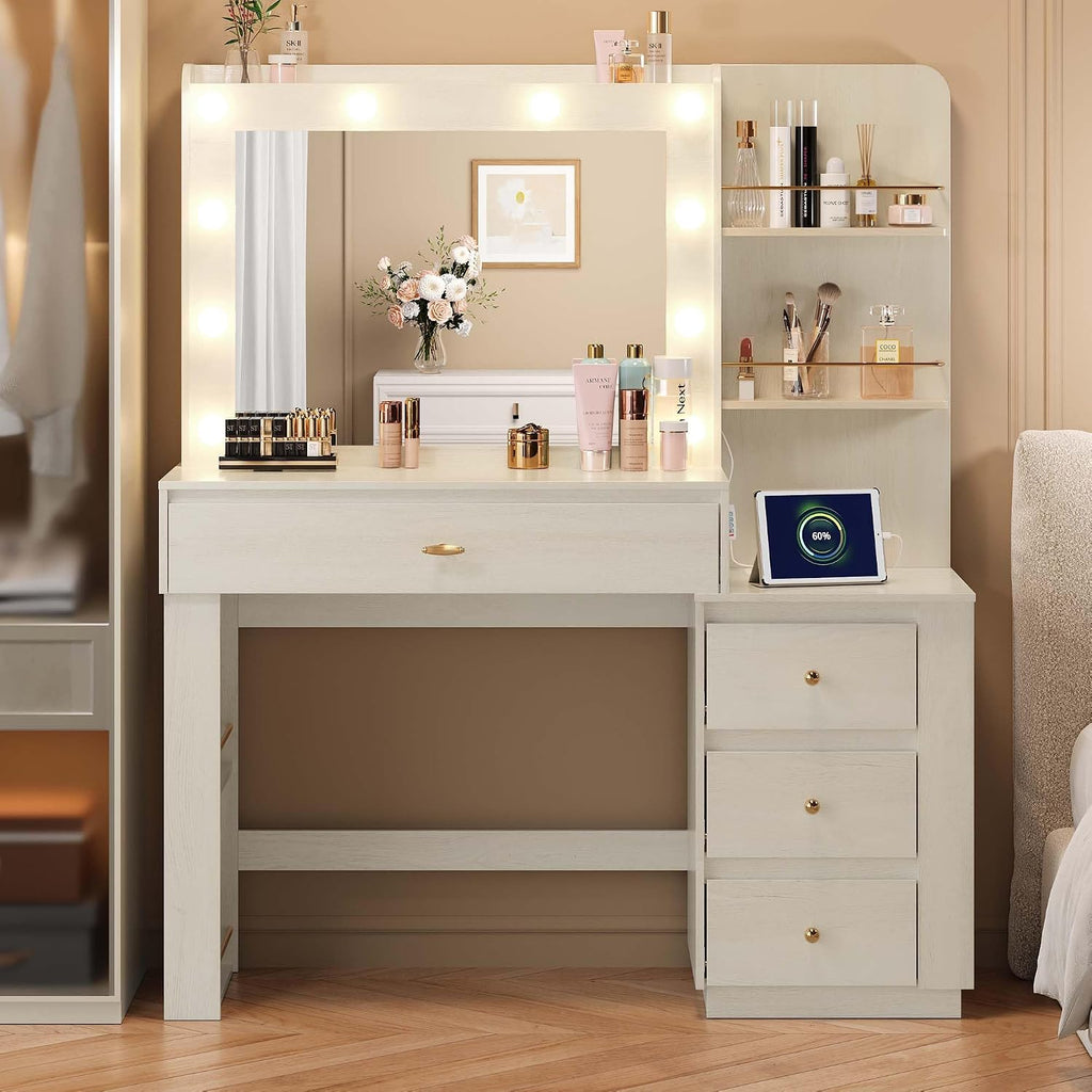 Makeup Vanity Desk with Mirror and 3 Colors Lights, Vanity Table with 10 LED Bulbs & Power Outlet, Large Dressing Table with 4 Drawers, 6 Storage Shelves for Bedroom, Women and Girls, White