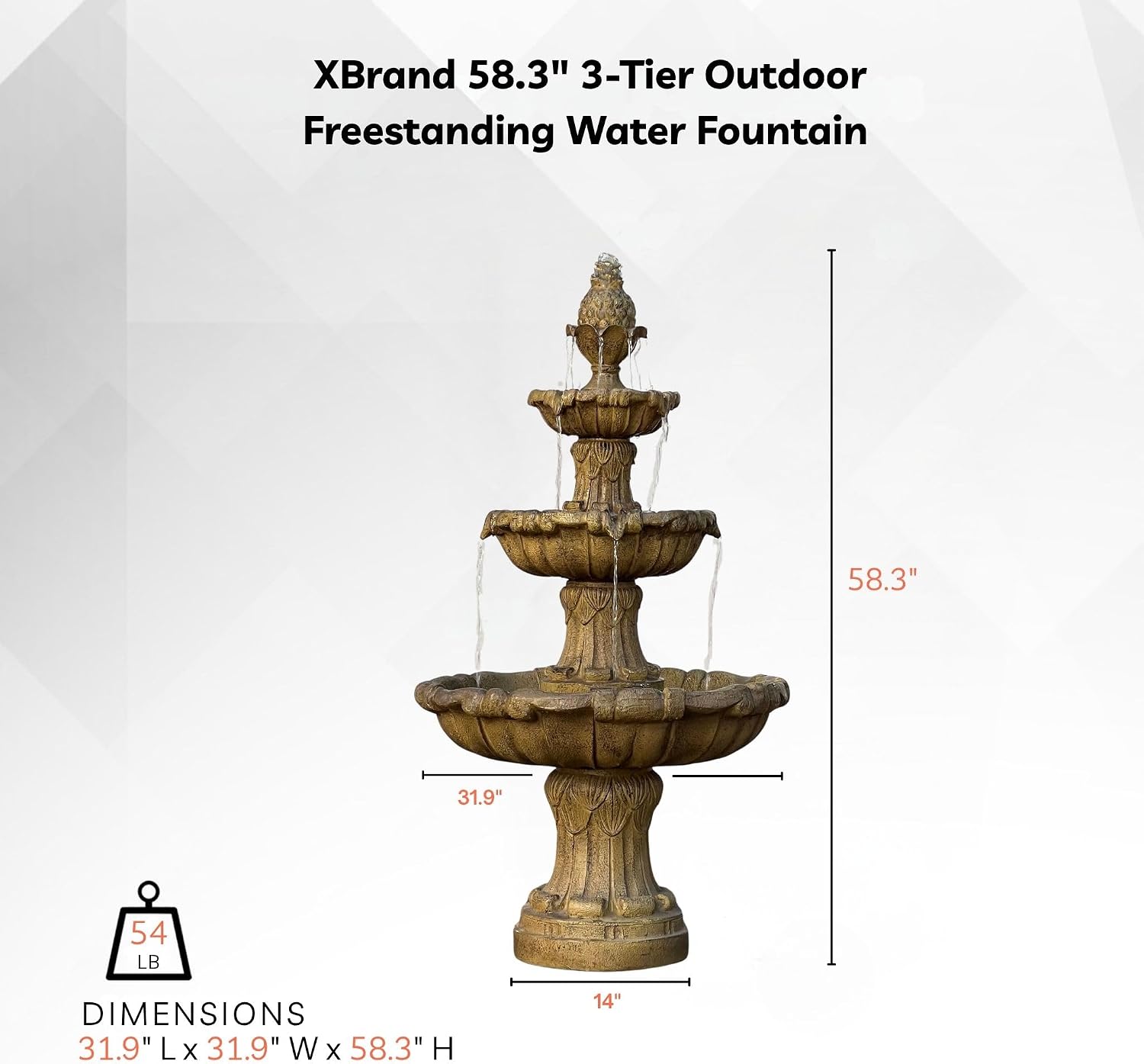 XBrand 58.3' 3-Tier Outdoor Freestanding Water Fountain - Classic Leaf Design, White Resin, Large Bird Bath with Pump - Ideal for Yard, Lawn and Garden, Porch Décor