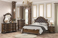 MASARA 3-Piece Traditional Bedroom Set, Queen/King Bed with 2 Nightstands, Dark Brown, Asian Hardwood with Tufted Leatherette Headboard, Ornate Carved Details (King)