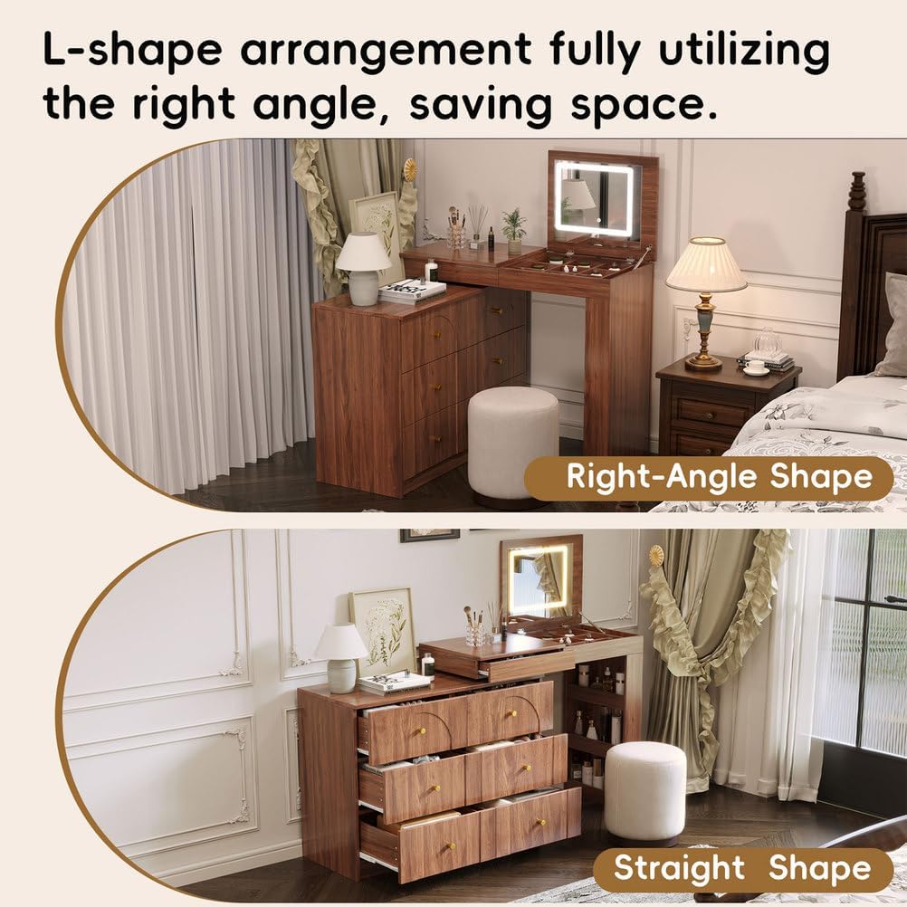 60'' Vanity Desk with Flip-Top Mirror & LED Lights, Convertible L-Shaped Makeup Vanity Table with 6 Drawers, Shelves & Storage Compartments, Modern Corner Dressing Table for Bedroom,Walnut