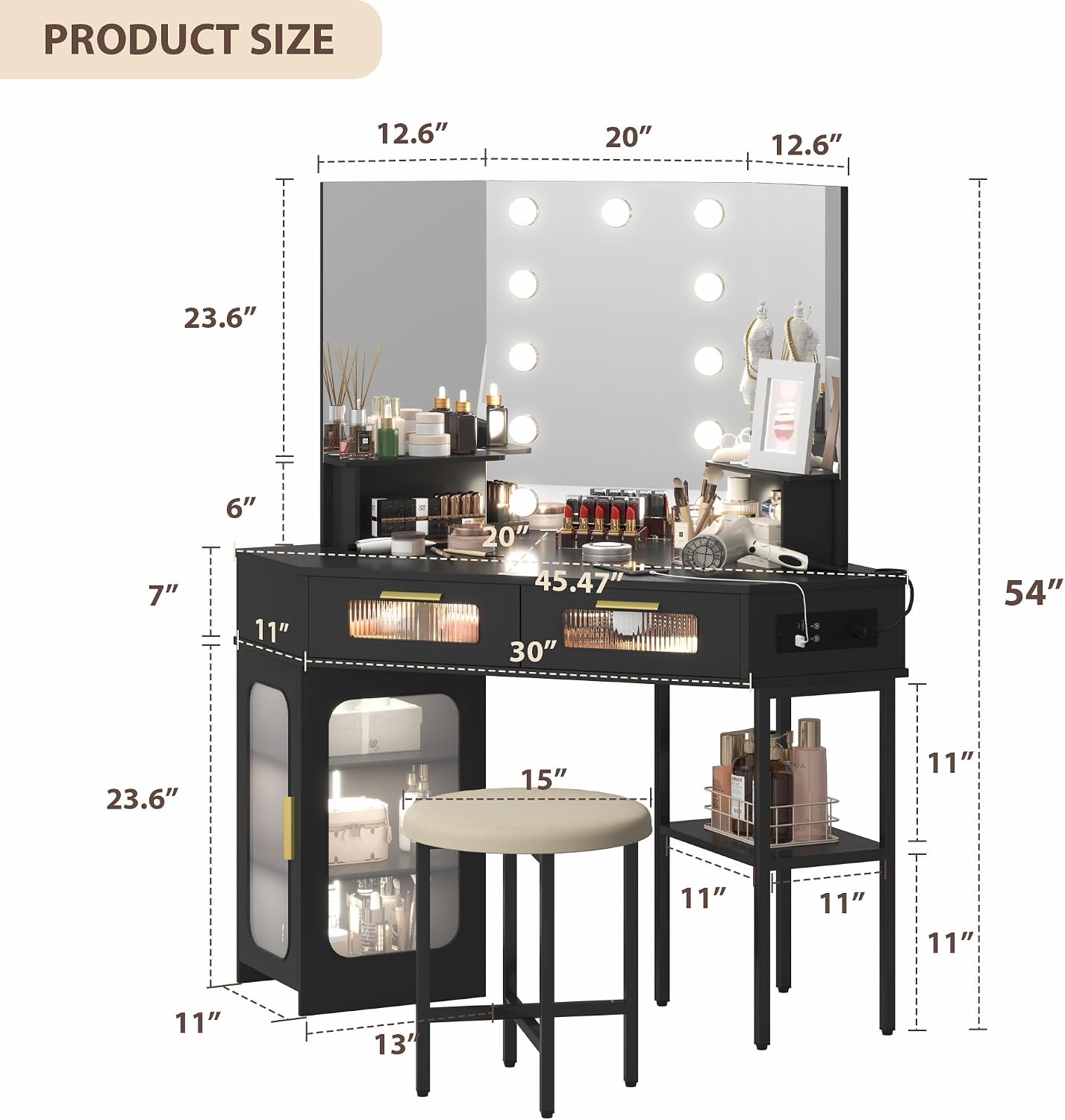 Lareth Corner Vanity Desk with 3 Way Mirror and Lights, Modern Makeup Vanity with Charging Station, Stool, 45.5' Large Bedroom Dressing Table with 2 Drawers & Shelves, Gifts for Girls Women, Black