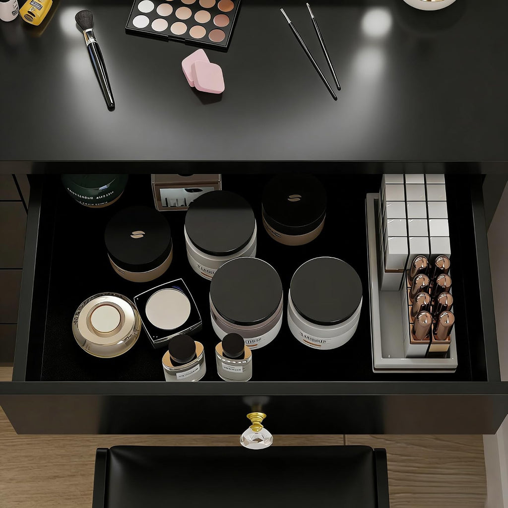 FUFU&GAGA Black Vanity Set with Round Lighted Mirror, Makeup Vanity Bedroom Dressing Table with 5 Drawers, Shelves, Dresser Desk and Cushioned Stool
