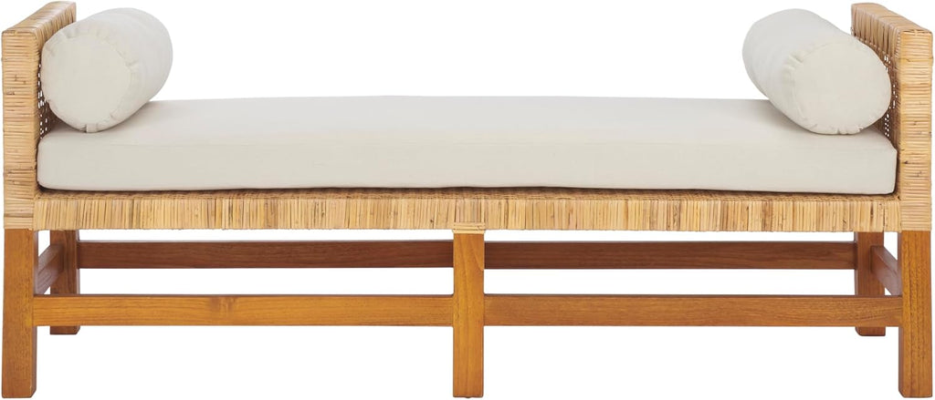SAFAVIEH Couture Collection - Chrysene Natural Solid Teak Wood Bench, Coastal Modern Style with Cushions, Fully Assembled (CWK3018A)
