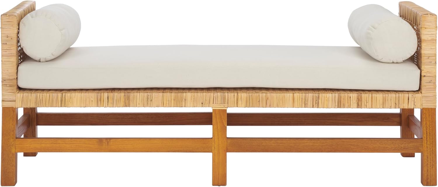 SAFAVIEH Couture Collection - Chrysene Natural Solid Teak Wood Bench, Coastal Modern Style with Cushions, Fully Assembled (CWK3018A)