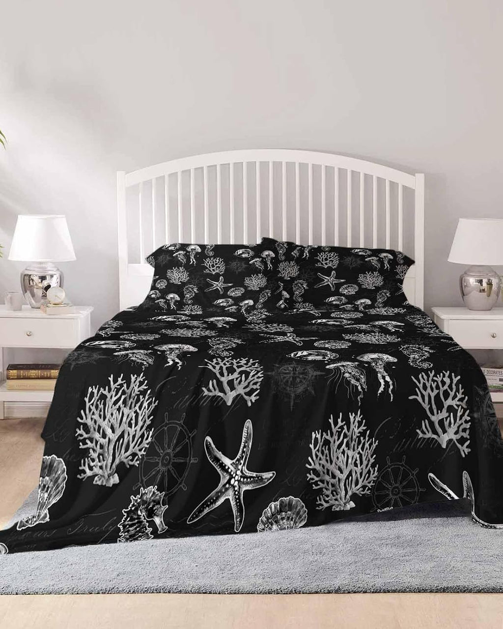 Black Coastal Cal King Sheet Set 4 Piece Bedding - Nautical Starfish Jellyfish Seahorse Breathable Comfy Cooling Bed Sheets & Pillowcase Sets,Hotel Luxury Flat Sheets Deep Pockets Fitted Sheet